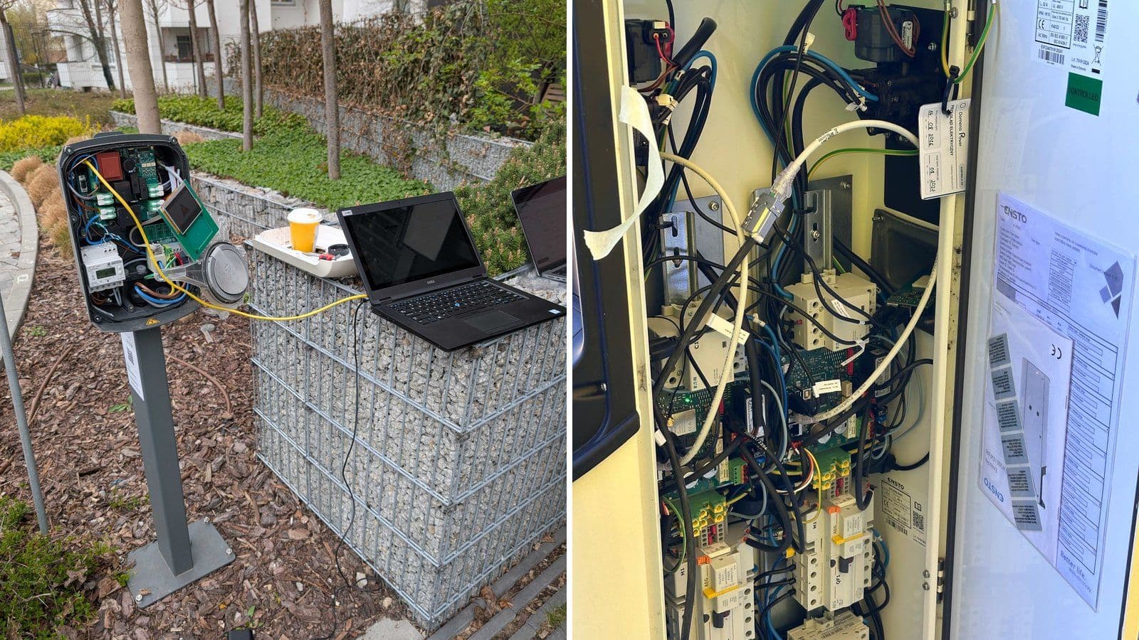 Konfiguracja ładowarki EV z laptopa serwisowego oraz wnętrze stacji z plombą przeglądu elektrycznego Domena Power