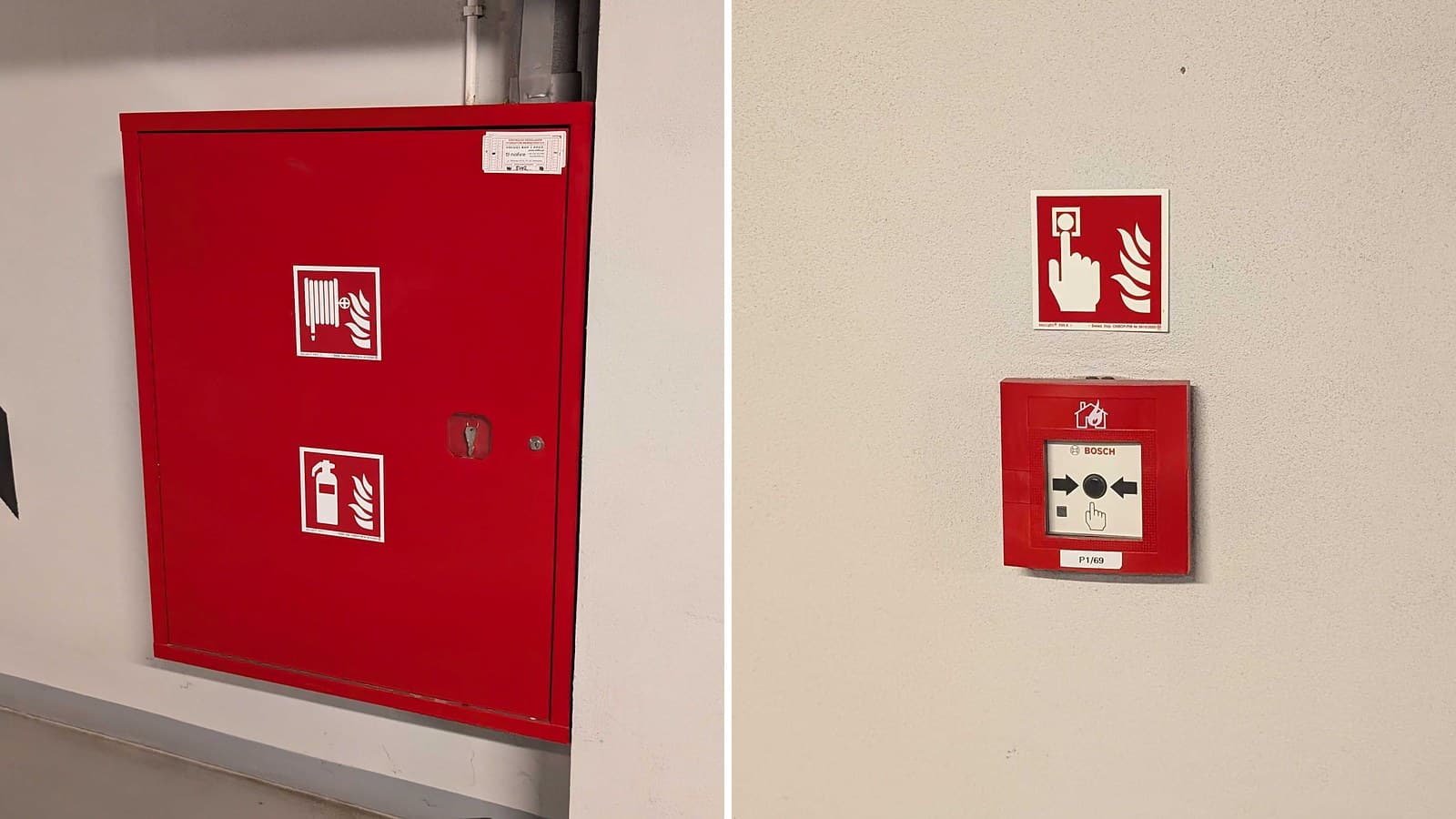 Hydrant wewnętrzny i ręczny ostrzegacz pożarowy (ROP) w garażu podziemnym