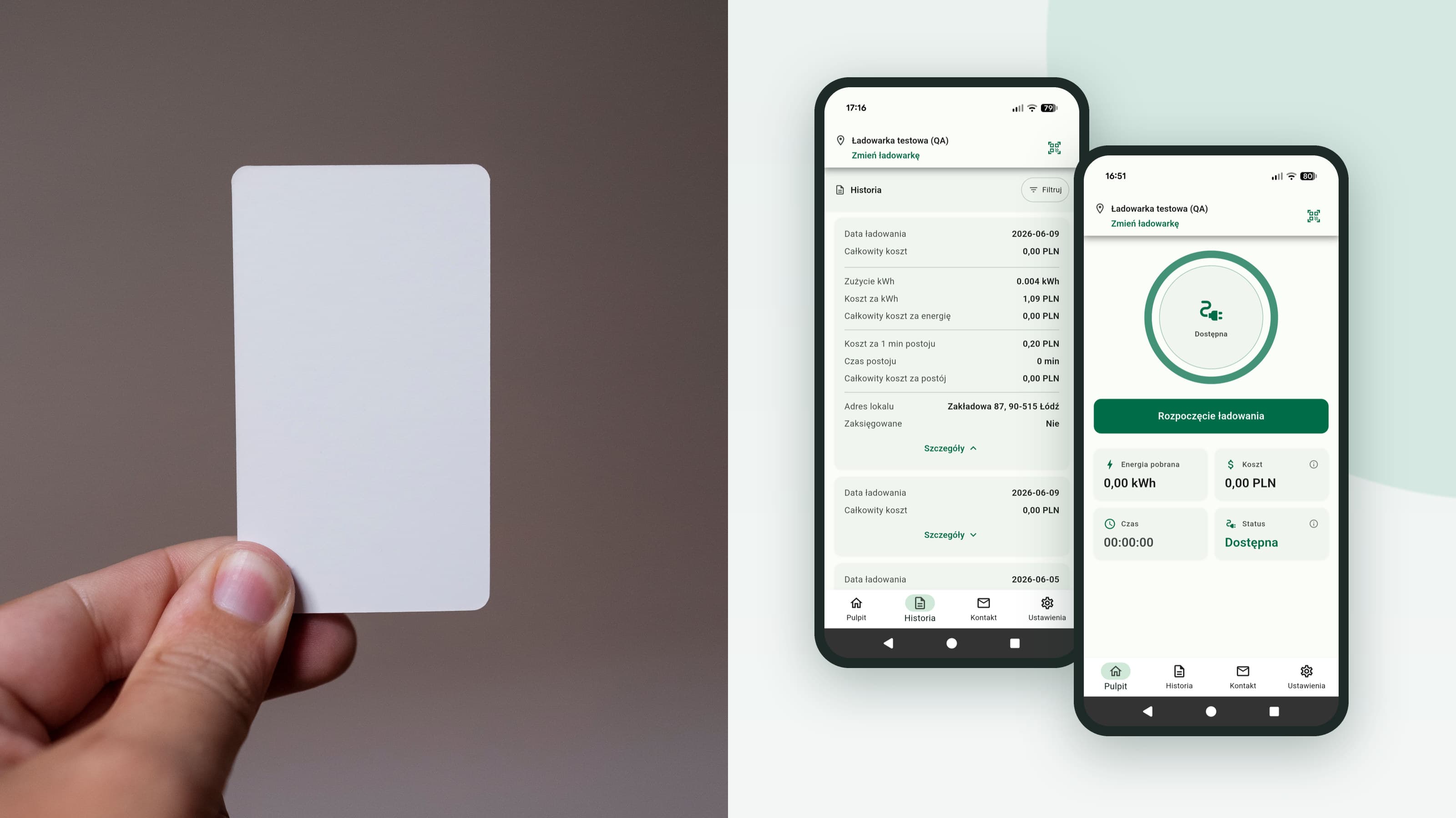 Karta RFID w dłoni obok ekranów aplikacji Domena Power z historią ładowań i startem sesji