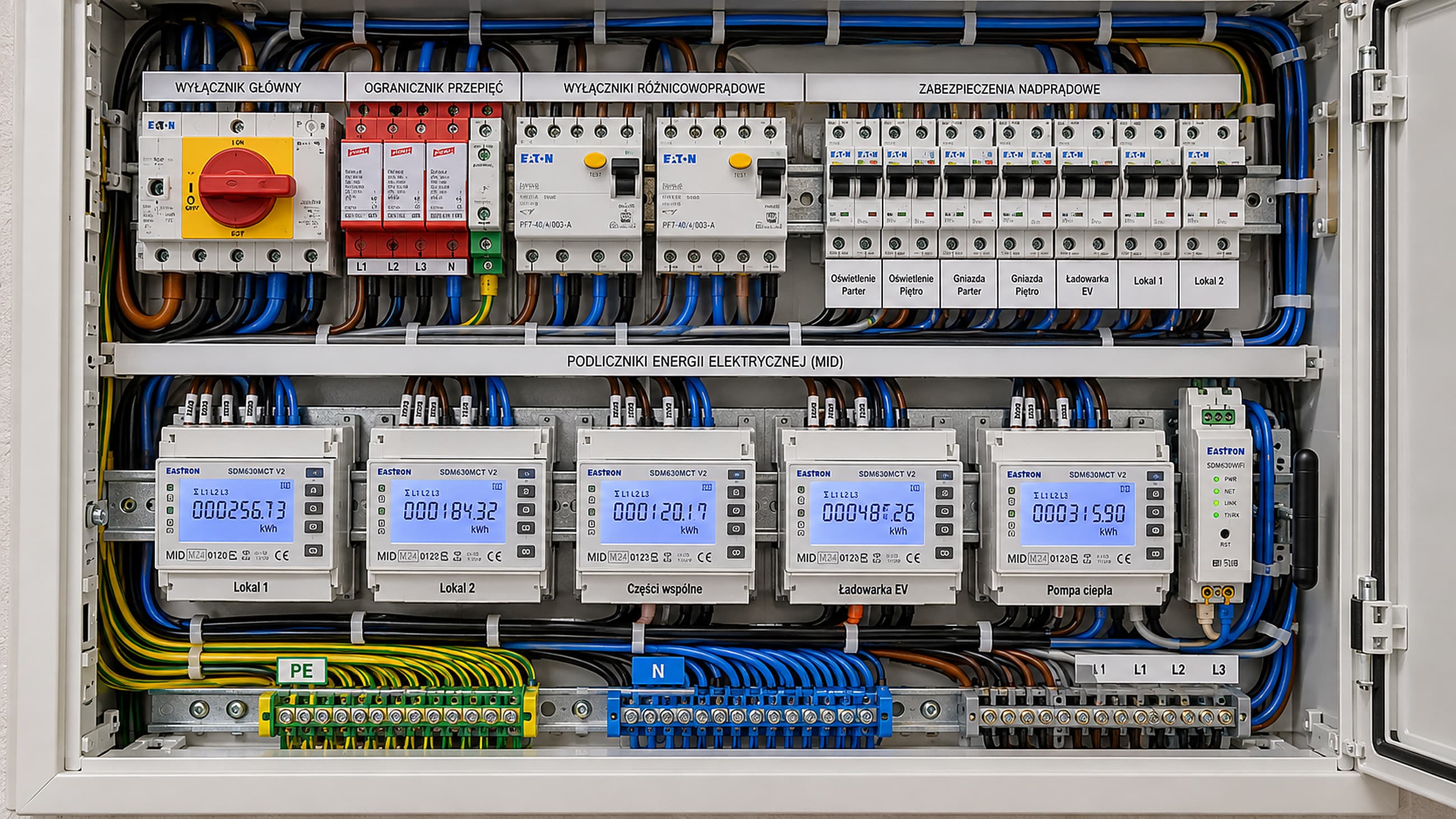 Rozdzielnica budynku z podlicznikami energii MID dla lokali, części wspólnych i ładowarki EV