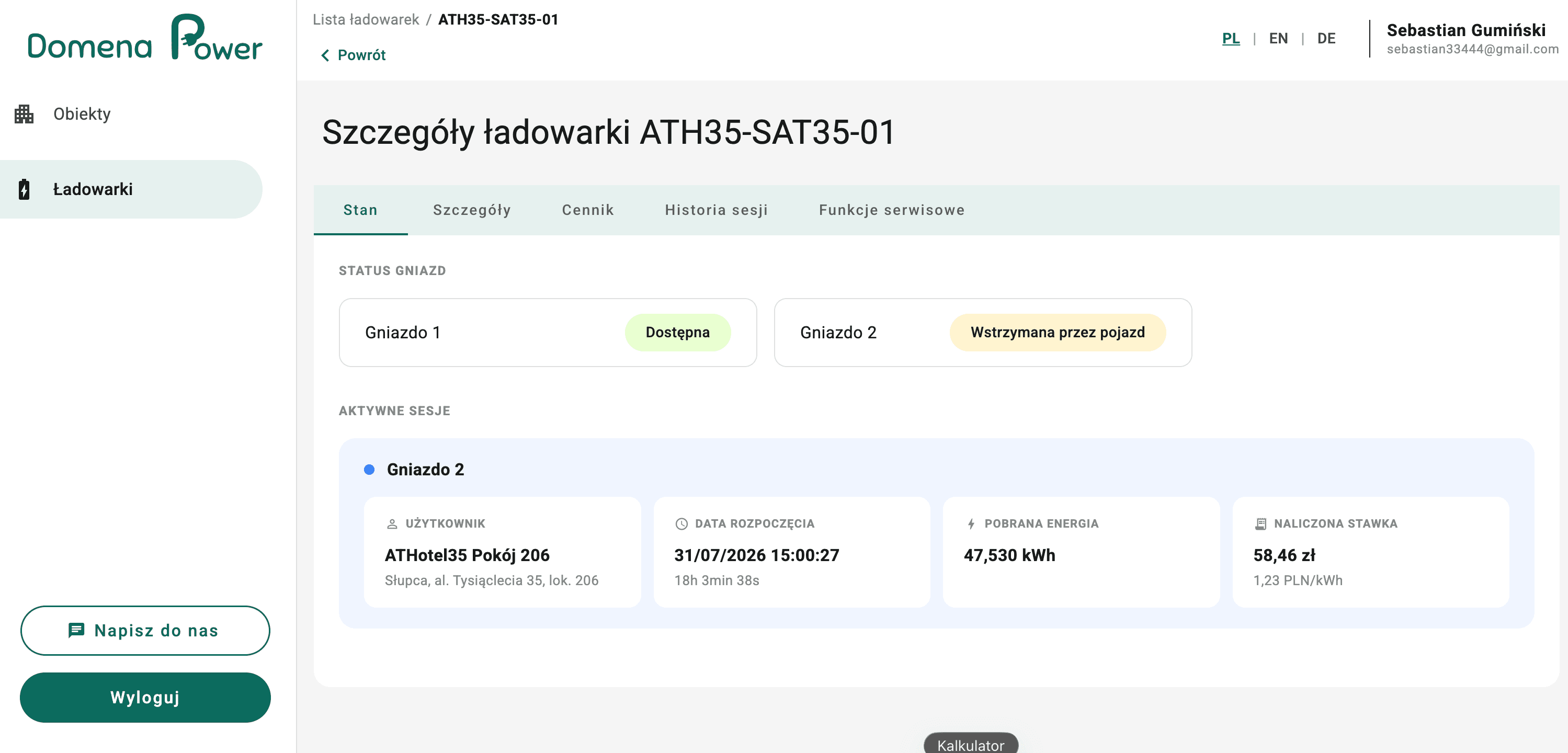 Domena Power CMS panel — “Status” tab: socket status (available/paused) and active session details with the charged rate