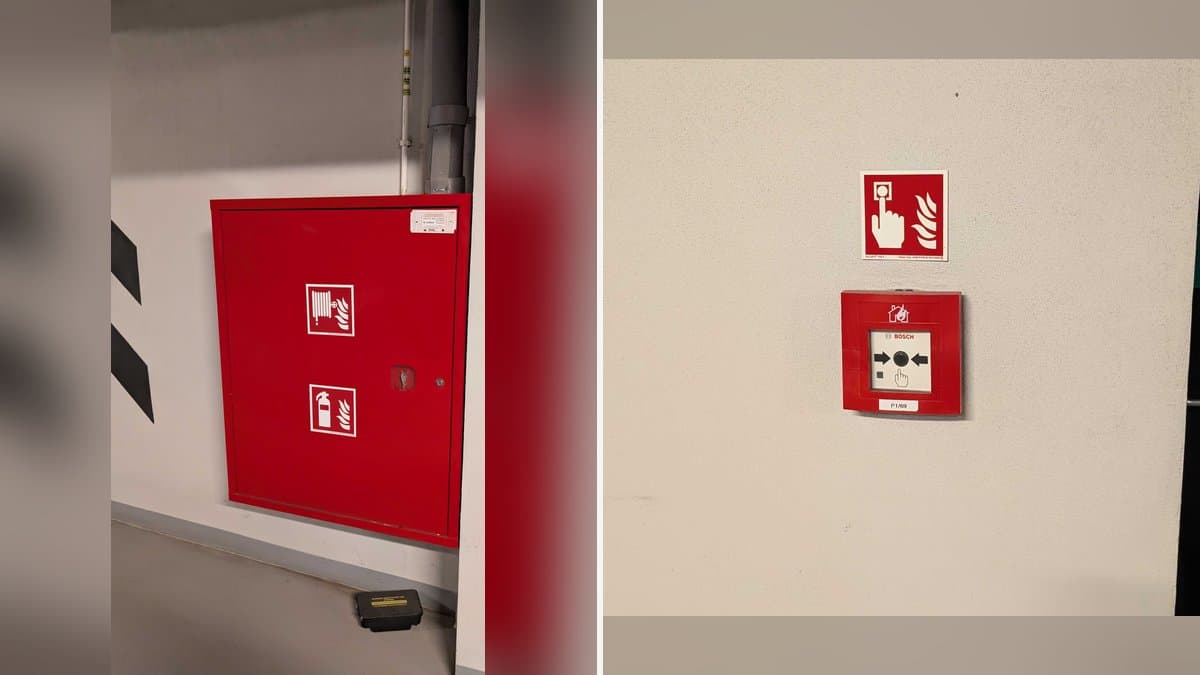 Hydrant wewnętrzny (szafka hydrantowa) i ręczny ostrzegacz pożarowy (ROP) w garażu — zabezpieczenia przeciwpożarowe budynku